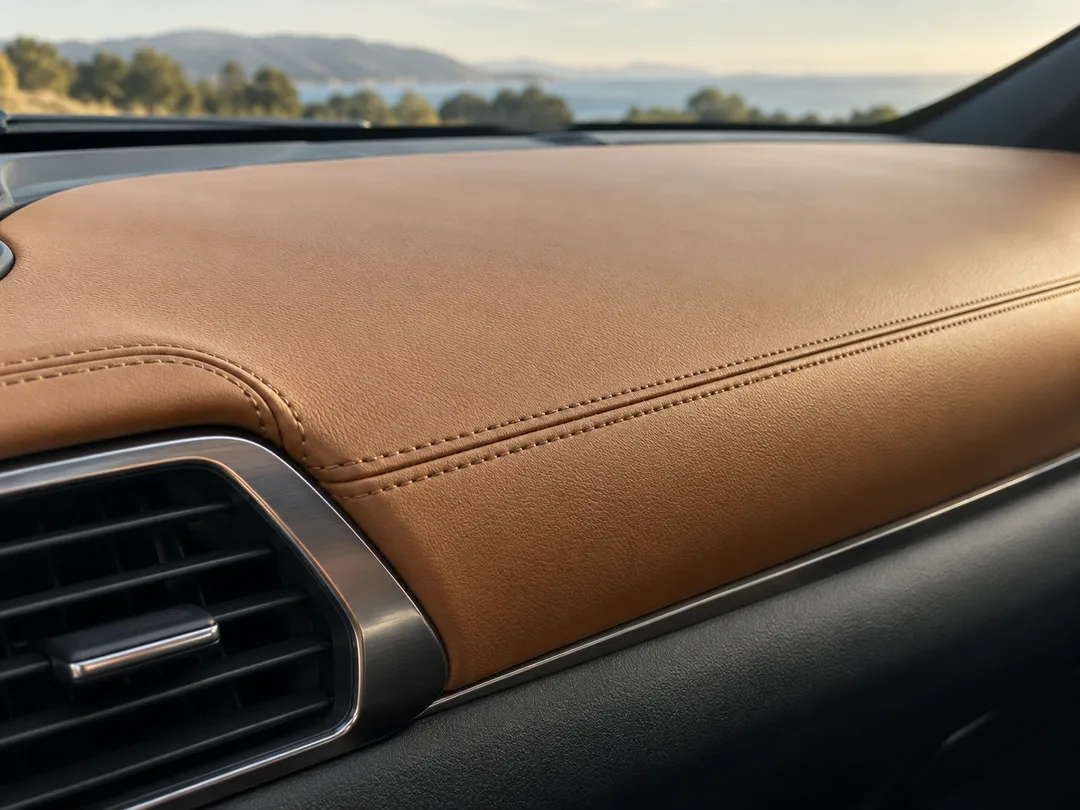 Illustrative stitched leather dashboard covering and air vent