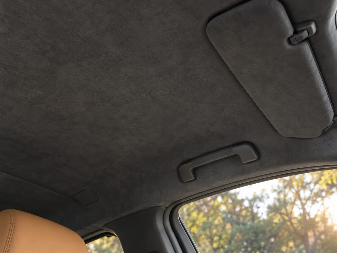 Illustrative charcoal headliner above a car window and grab handle
