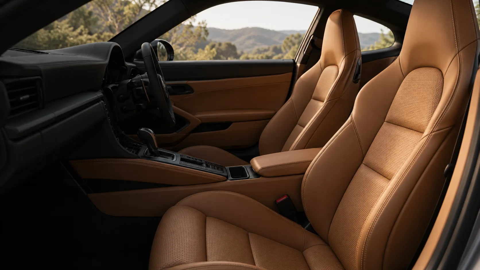 Illustrative tan leather sports-car cabin with contoured seats and stitched trim