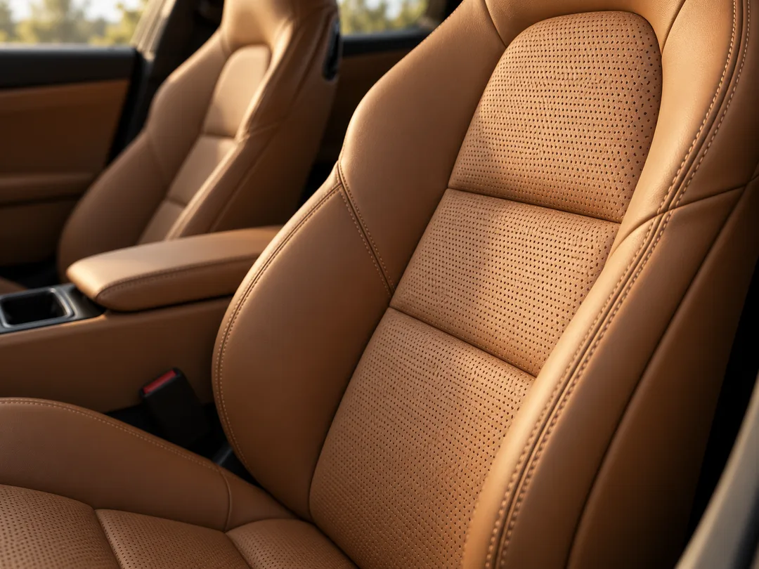 Illustrative tan leather sport seat showing the bolster and perforated insert