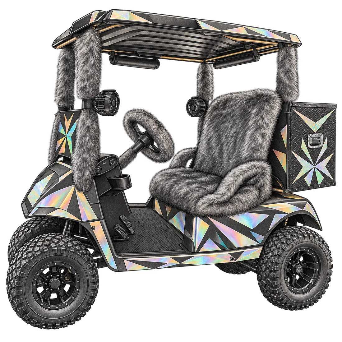 Illustration of the customer's cart identifying the seat cushion, upholstered backboard, and steering wheel and column.
